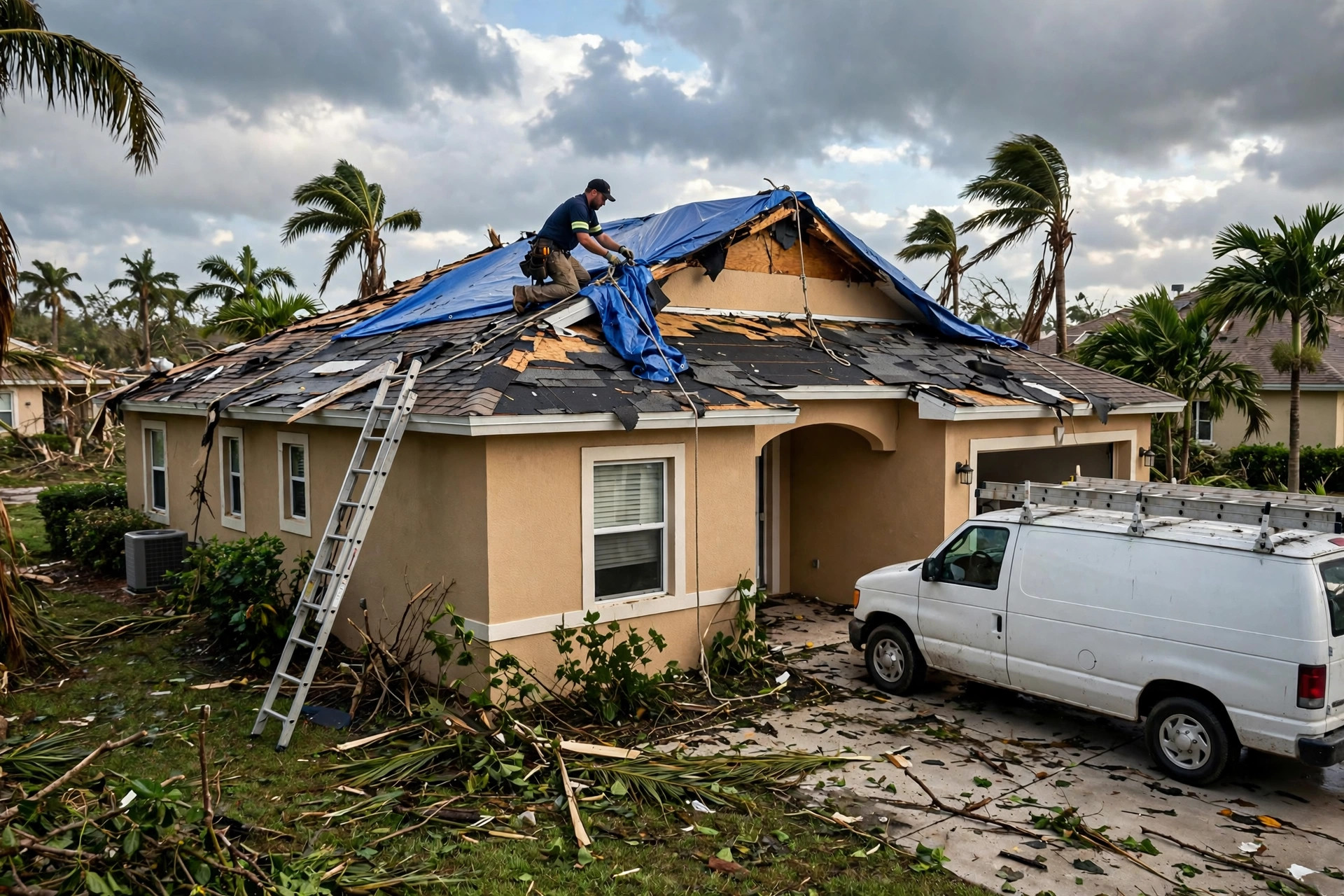 Restoration worker securing a blue tarp over a hurricane-damaged roof in Naples FL