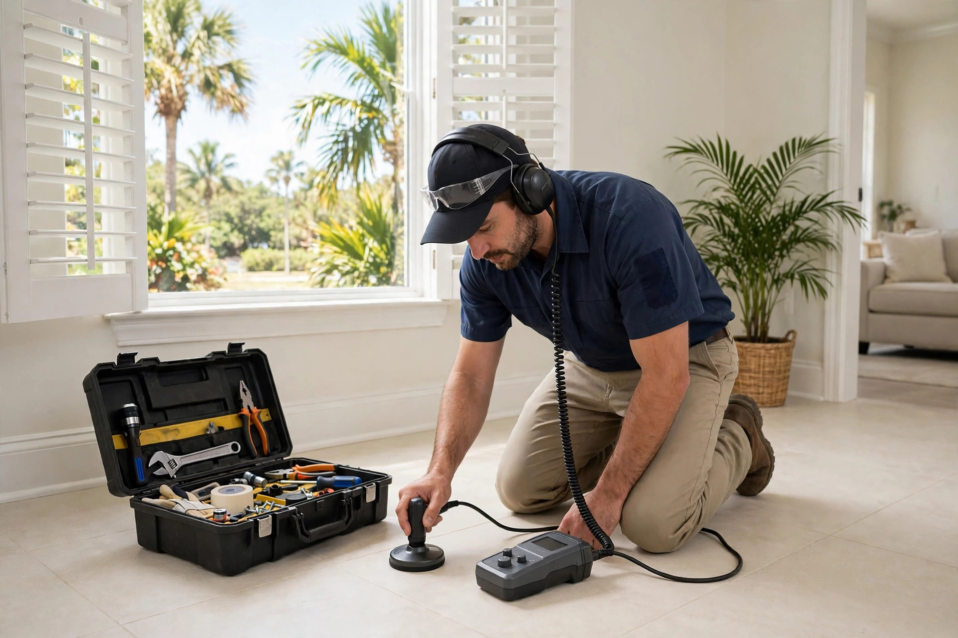 Technician using acoustic leak detection equipment on a tile floor in Naples FL